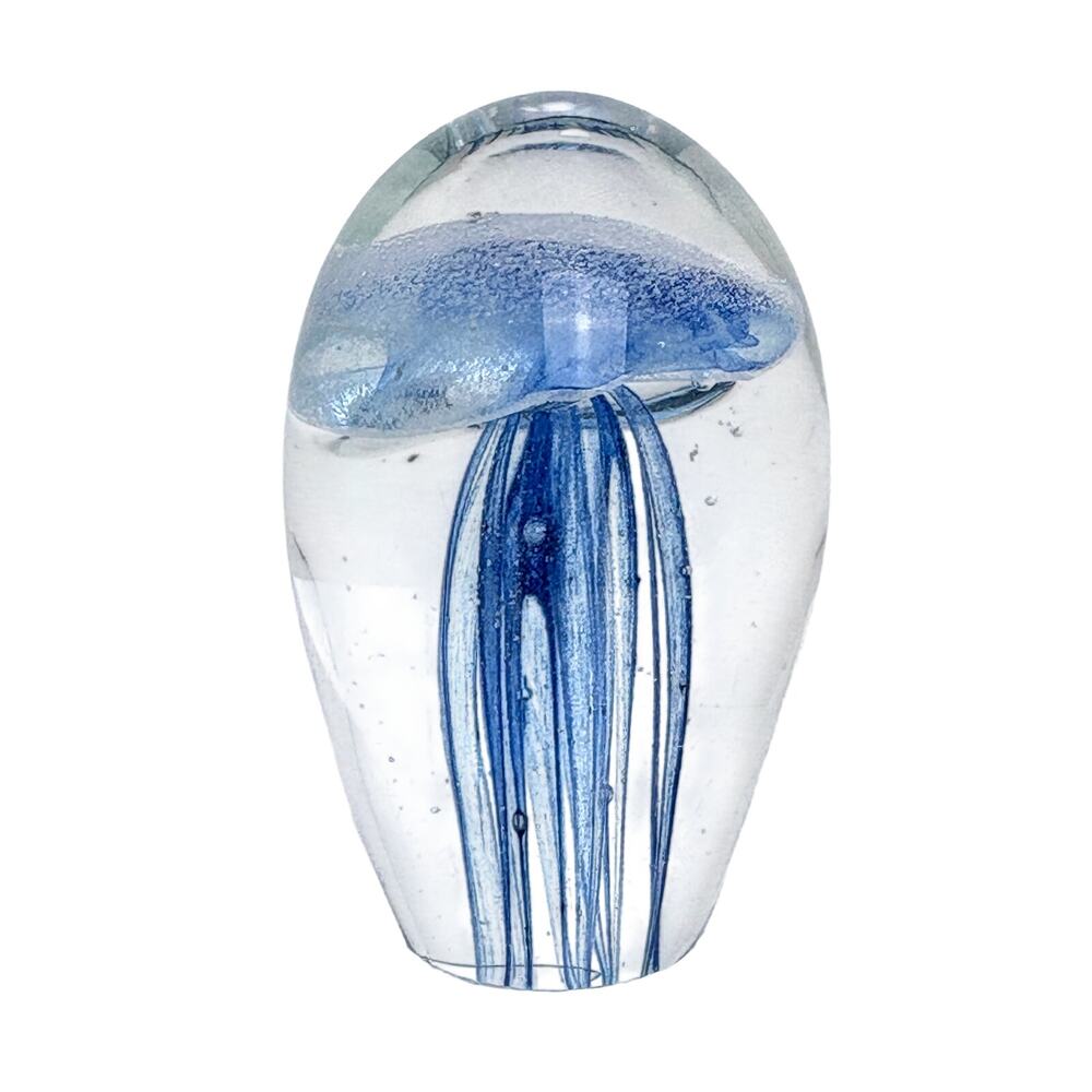 Clear Paper Weight With Blue Jelly Fish 2.5 Inches Tall